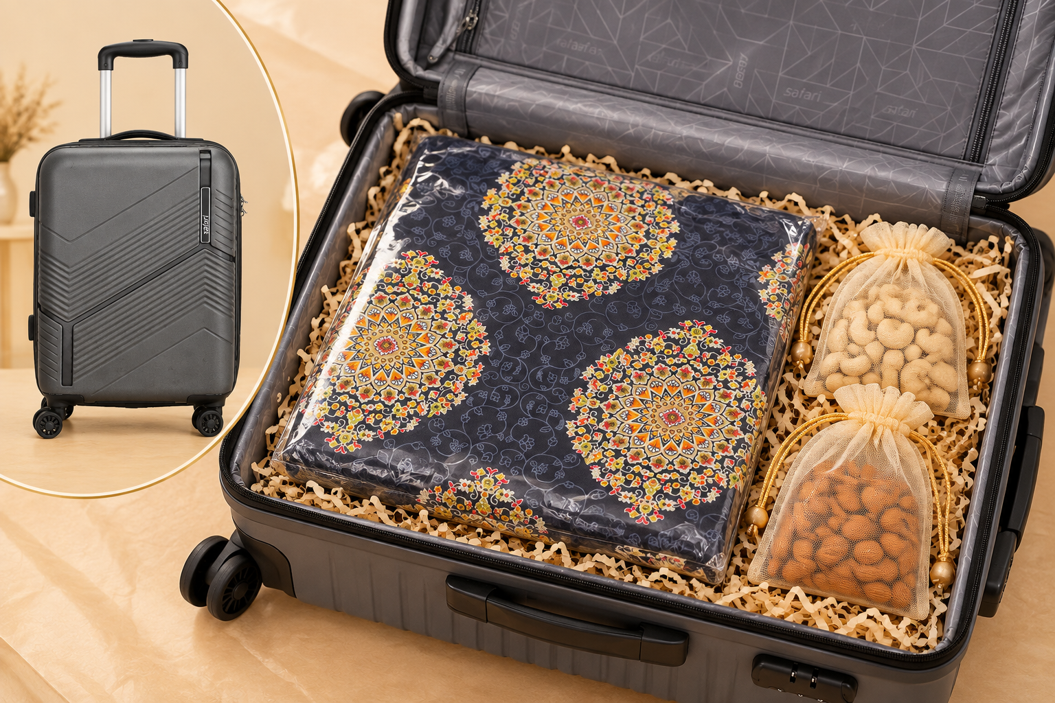 Premium suitcase hamper with curated gifts and dry fruits
