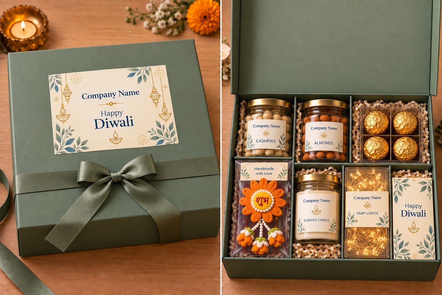 Sage green gift box opened to show cashews, almonds, chocolates, handmade toran, scented candle, fairy lights and card