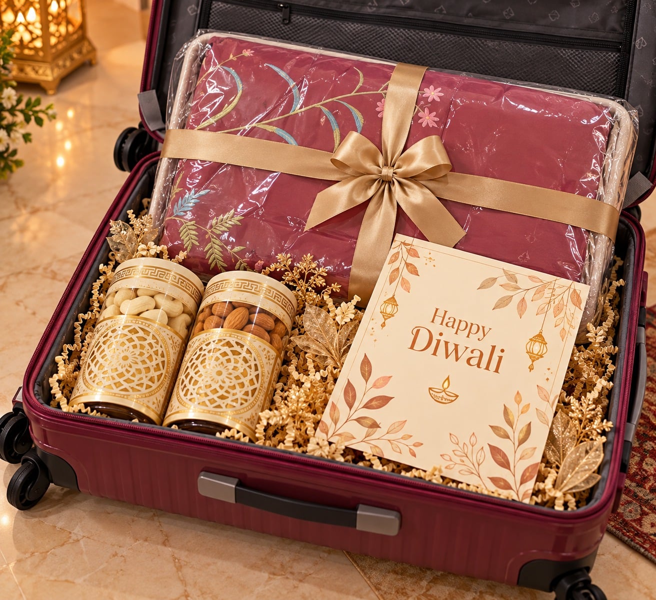 Premium burgundy trolley with curated Diwali gifts, almonds, cashews, and festive decorations